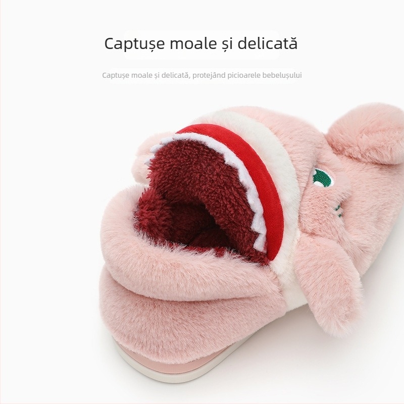 Papuci de interior pentru copii pentru iarnă, model rechin, partea superioară din velur, talpă TPR, căptușeală groasă, pentru copii 7–12 ani