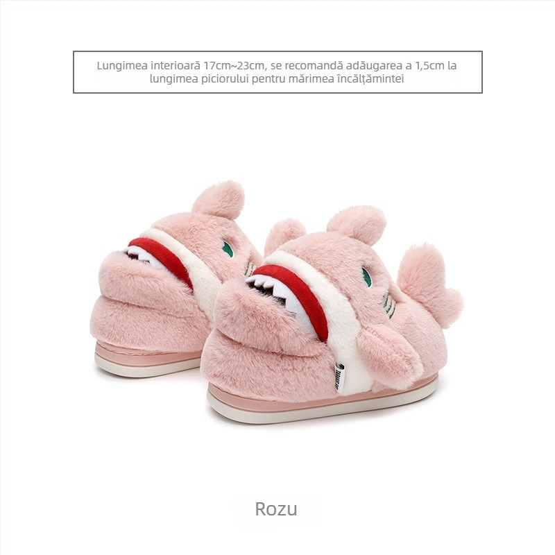 Papuci de interior pentru copii pentru iarnă, model rechin, partea superioară din velur, talpă TPR, căptușeală groasă, pentru copii 7–12 ani