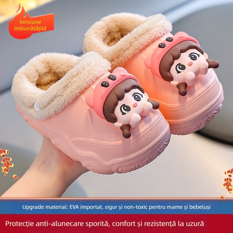 Papuci de casă din EVA și bumbac, pentru copii și adulți, unisex, antiderapante, impermeabile, design desene animate, călduroase pentru iarnă.
