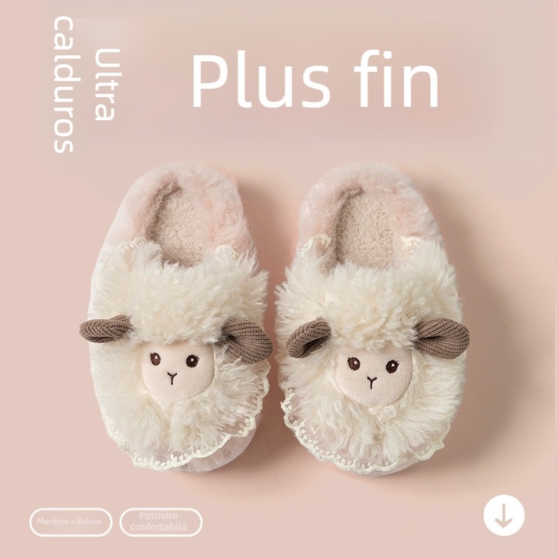 Papuci de bumbac pentru copii cu desen cu miel, căptuți cu fleece, confortabili pentru interior, toamnă–iarna 2025