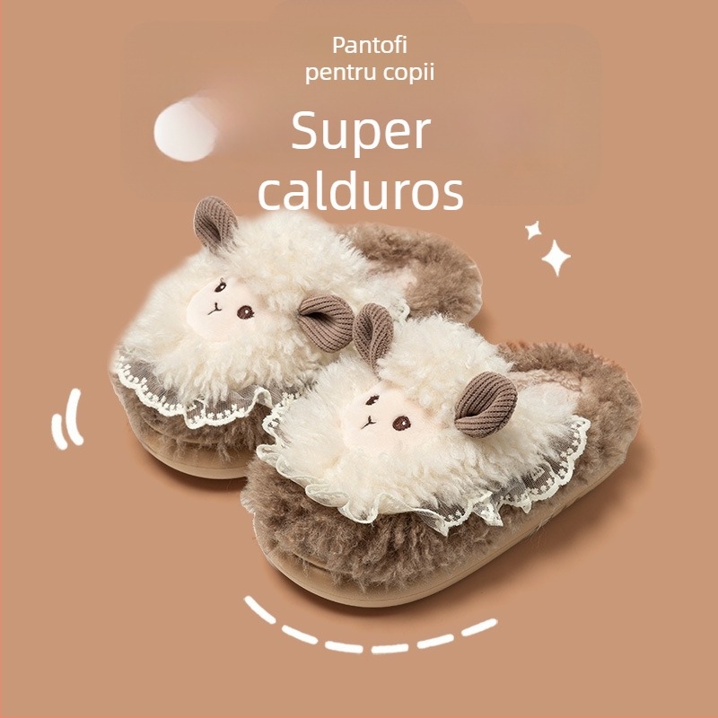 Papuci de bumbac pentru copii cu desen cu miel, căptuți cu fleece, confortabili pentru interior, toamnă–iarna 2025