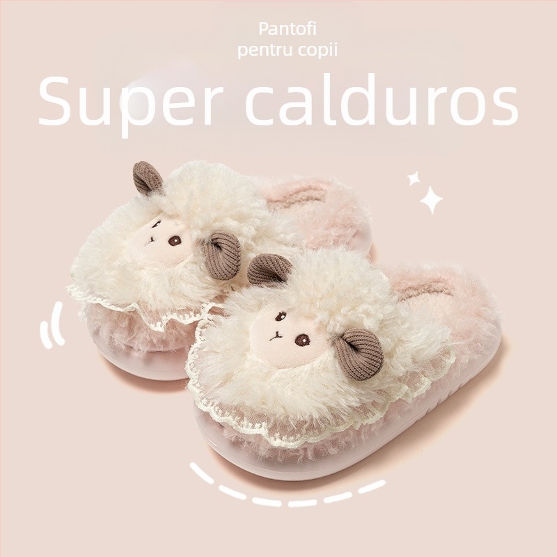 Papuci de bumbac pentru copii cu desen cu miel, căptuți cu fleece, confortabili pentru interior, toamnă–iarna 2025