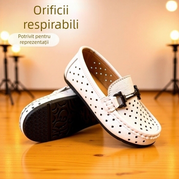 Pantofi pentru copii cu perforații, partea superioară din piele split, branț din piele naturală, manufactură manuală, gardă joasă, stil coreean