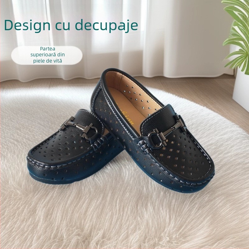 Pantofi pentru copii cu perforații, partea superioară din piele split, branț din piele naturală, manufactură manuală, gardă joasă, stil coreean