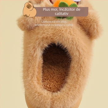 Șlapi de bumbac pentru copii, partea superioară din catifea, talpă EVA, model Cartoon, unisex, mențin căldura