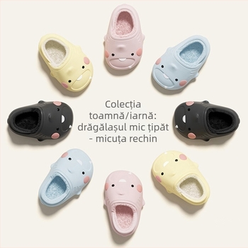 Papuci pentru copii cu rechin desen animat, pentru iarnă, impermeabili, antiderapante, cu căptușeală din bumbac cald