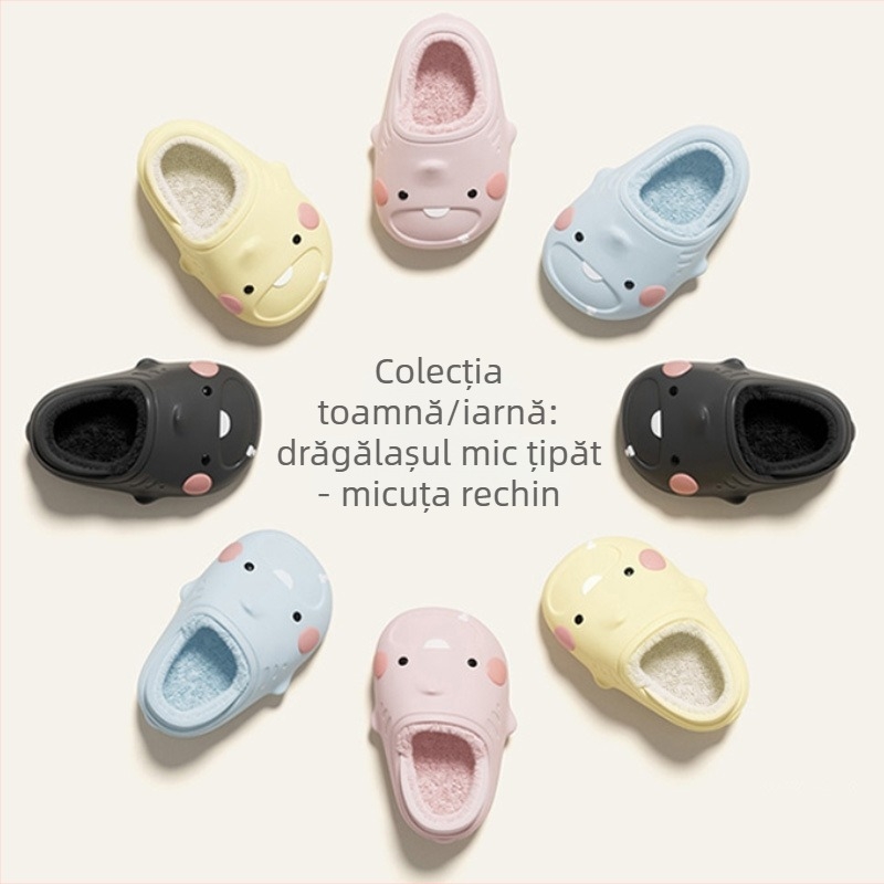 Papuci pentru copii cu rechin desen animat, pentru iarnă, impermeabili, antiderapante, cu căptușeală din bumbac cald