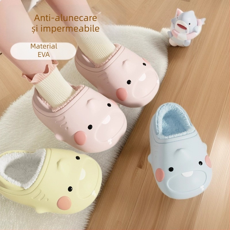 Papuci pentru copii cu rechin desen animat, pentru iarnă, impermeabili, antiderapante, cu căptușeală din bumbac cald