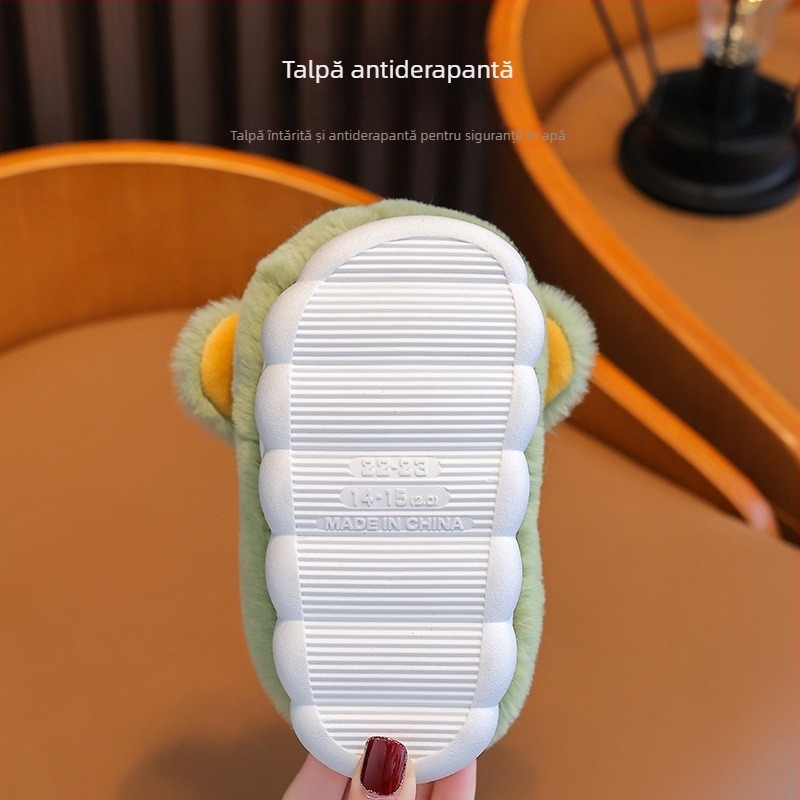 Papuci de casă din bumbac pluș pentru copii – stil desen animat, iarnă, croială neutră, vârste 1–12 ani