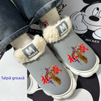 Papuci de casă pentru copii, căptușeală groasă de fleece, parte superioară din piele artificială impermeabilă, talpă TPR, anti-alunecare, vârsta 13–16 ani