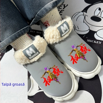 Papuci de casă pentru copii, căptușeală groasă de fleece, parte superioară din piele artificială impermeabilă, talpă TPR, anti-alunecare, vârsta 13–16 ani