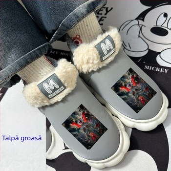 Papuci de casă pentru copii, căptușeală groasă de fleece, parte superioară din piele artificială impermeabilă, talpă TPR, anti-alunecare, vârsta 13–16 ani