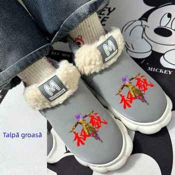 Papuci de casă pentru copii, căptușeală groasă de fleece, parte superioară din piele artificială impermeabilă, talpă TPR, anti-alunecare, vârsta 13–16 ani