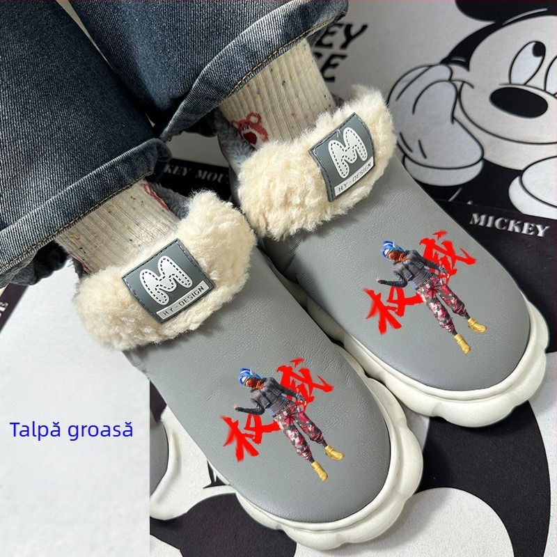 Papuci de casă pentru copii, căptușeală groasă de fleece, parte superioară din piele artificială impermeabilă, talpă TPR, anti-alunecare, vârsta 13–16 ani