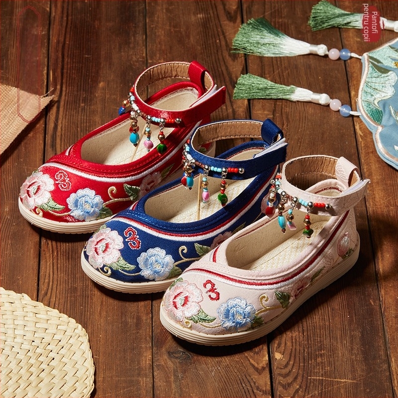 Pantofi tradiționali din pânză pentru fete cu model floral brodat, închidere Velcro, partea superioară din bumbac, respirabili și ușori pentru copii 4–12 ani