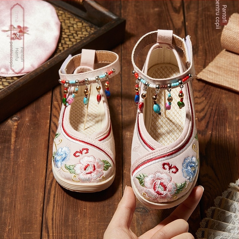 Pantofi tradiționali din pânză pentru fete cu model floral brodat, închidere Velcro, partea superioară din bumbac, respirabili și ușori pentru copii 4–12 ani