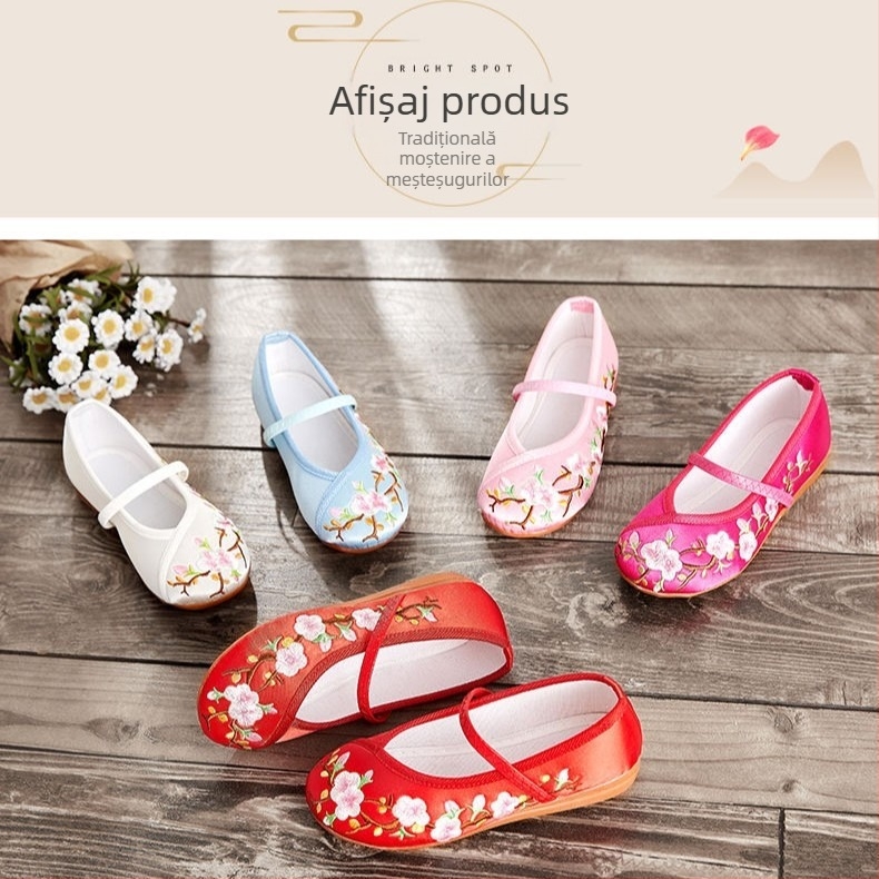 Pantofi de balet pentru copii cu broderie - stil etnic chinezesc, model cu dungi, partea superioară PU, talpă din plastic, respirabili