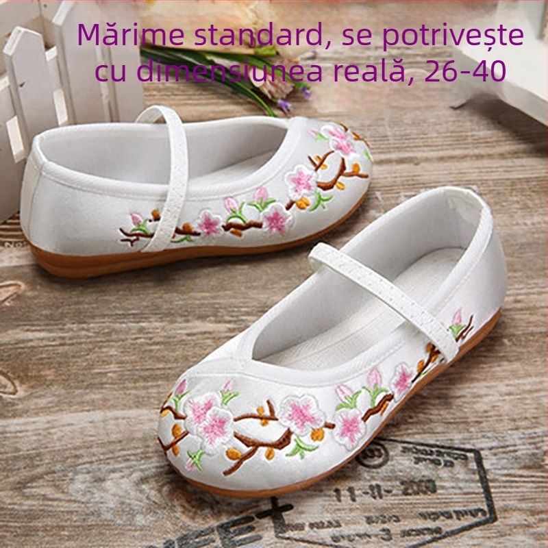 Pantofi de balet pentru copii cu broderie - stil etnic chinezesc, model cu dungi, partea superioară PU, talpă din plastic, respirabili