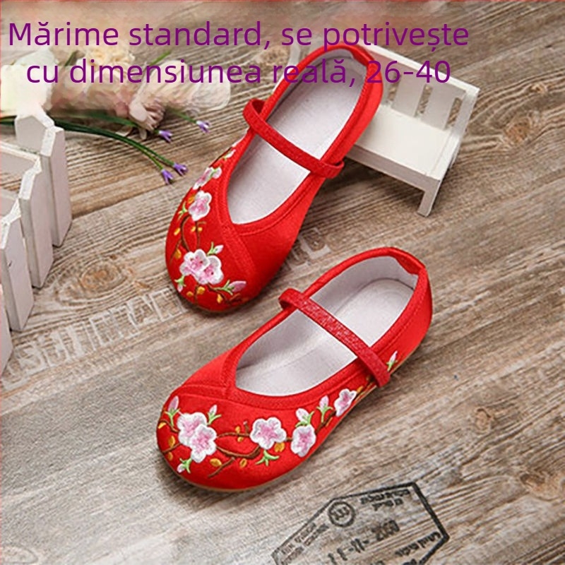Pantofi de balet pentru copii cu broderie - stil etnic chinezesc, model cu dungi, partea superioară PU, talpă din plastic, respirabili