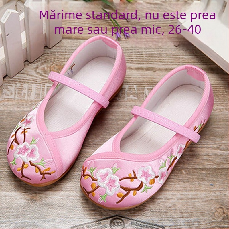 Pantofi de balet pentru copii cu broderie - stil etnic chinezesc, model cu dungi, partea superioară PU, talpă din plastic, respirabili