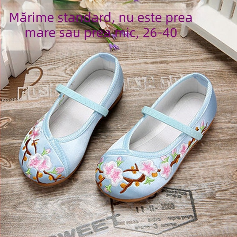 Pantofi de balet pentru copii cu broderie - stil etnic chinezesc, model cu dungi, partea superioară PU, talpă din plastic, respirabili
