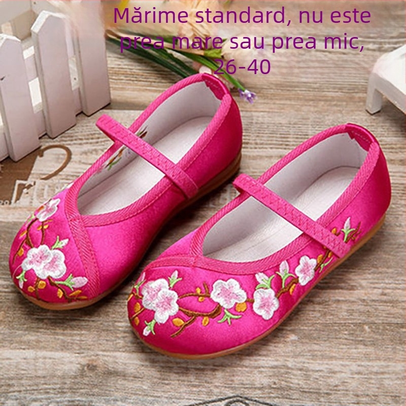Pantofi de balet pentru copii cu broderie - stil etnic chinezesc, model cu dungi, partea superioară PU, talpă din plastic, respirabili