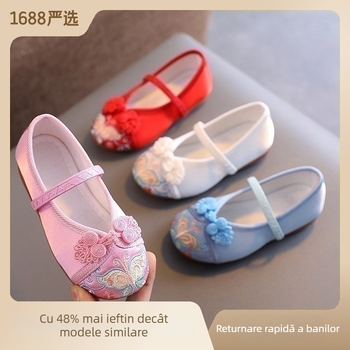 Pantofi pentru copii în stil etnic pentru fete - vârf din bumbac, branț din țesătură, talpă din tendon de vită, elastic pentru încălcare, broderie decorativă, pentru vârste 1–16 ani