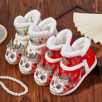 Anul Dragonului: pantofi de bumbac groși pentru bebeluși și fete, papuci de tip slip-on din bumbac cu broderie florală
