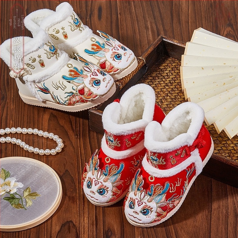 Anul Dragonului: pantofi de bumbac groși pentru bebeluși și fete, papuci de tip slip-on din bumbac cu broderie florală