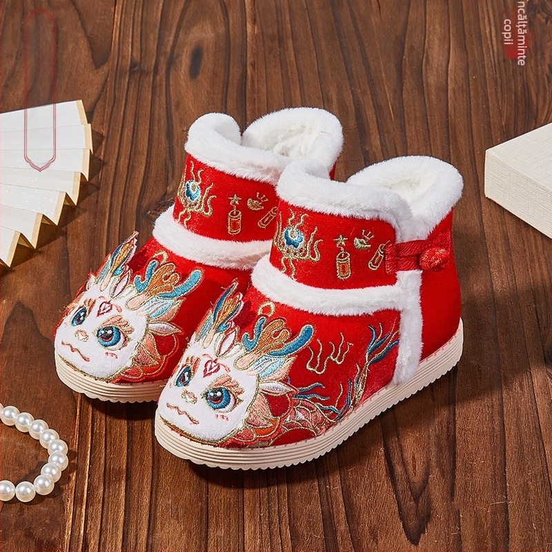Anul Dragonului: pantofi de bumbac groși pentru bebeluși și fete, papuci de tip slip-on din bumbac cu broderie florală