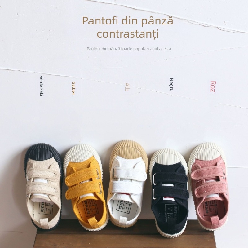 Pantofi sport pentru copii, stil coreean, cu Velcro, partea superioară din pânză, talpă din plastic, talpă joasă — respirabili, antiderapți, durabili