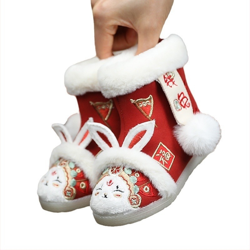 Pantofi fete cu broderie, botine de iarnă căptușite cu fleece, în stil Hanfu