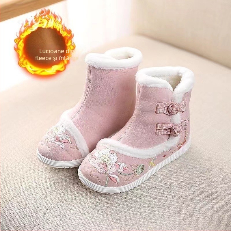 Botine de iarnă pentru fete, stil etnic, partea superioară din bumbac, căptușeală interioară din blană artificială, branț din blană artificială, talpă din cauciuc.