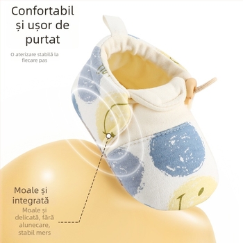 Pantofi bebeluși pentru mers, unisex, partea superioară din bumbac, talpă PVC, respirabili, închidere cu bandă elastică