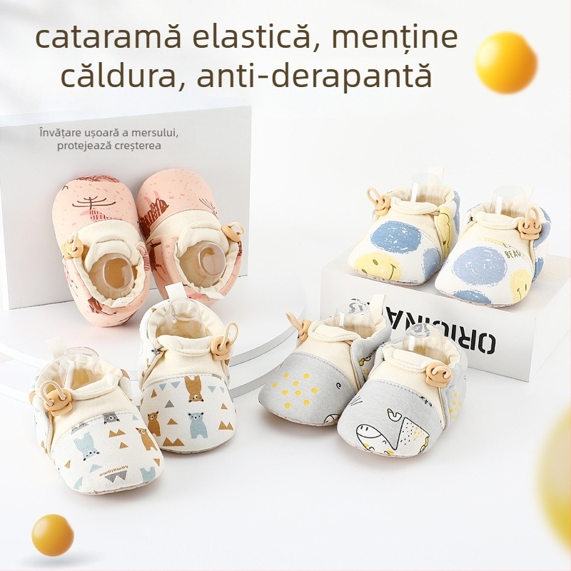 Pantofi bebeluși pentru mers, unisex, partea superioară din bumbac, talpă PVC, respirabili, închidere cu bandă elastică