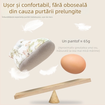 Pantofi bebeluși cu talpă moale, partea superioară din bumbac, interior poliester, croială îngroșată, închidere cu cataramă (Superioară: bumbac; Interior: poliester; Grosime: îngroșată; Închidere: cataramă; Vârstă: 6–12 luni)