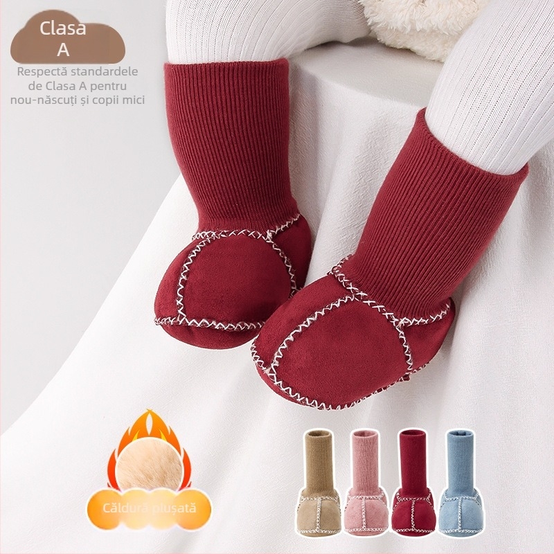 Pantofi pentru copii mici – partea superioară din suede, căptușeală groasă, talpă anti-derapantă, guler înalt, potriviți pentru toamnă și iarnă (12–48 luni).