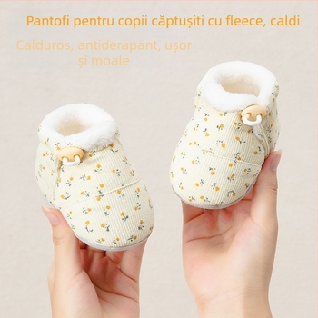 Pantofi-soc pentru bebeluși, 6–12 luni, partea superioară din bumbac, talpă groasă, anti-derapare, respirabili, închidere cu cataramă, pentru iarnă.