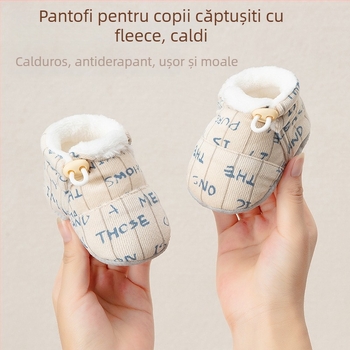 Pantofi-soc pentru bebeluși, 6–12 luni, partea superioară din bumbac, talpă groasă, anti-derapare, respirabili, închidere cu cataramă, pentru iarnă.