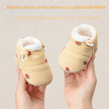 Pantofi-soc pentru bebeluși, 6–12 luni, partea superioară din bumbac, talpă groasă, anti-derapare, respirabili, închidere cu cataramă, pentru iarnă.