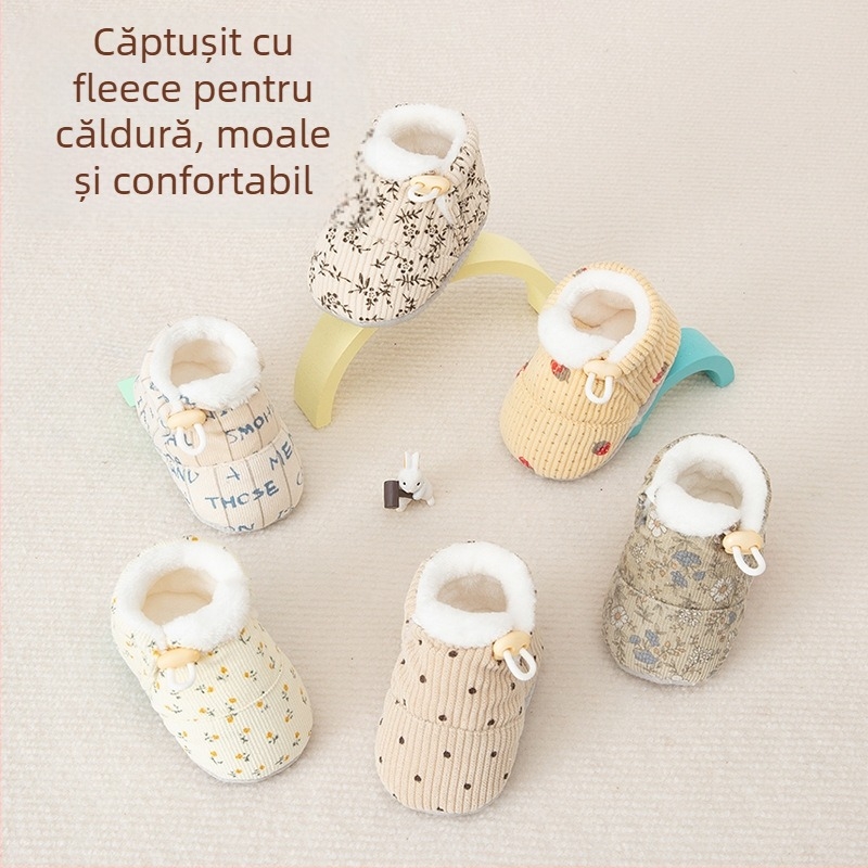 Pantofi-soc pentru bebeluși, 6–12 luni, partea superioară din bumbac, talpă groasă, anti-derapare, respirabili, închidere cu cataramă, pentru iarnă.