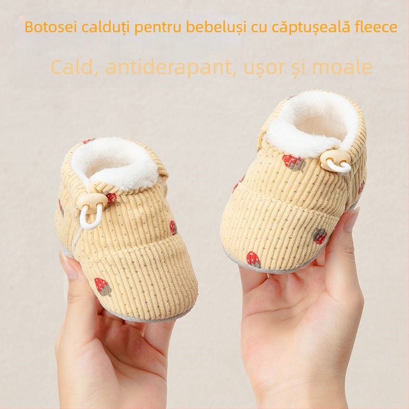 Pantofi-soc pentru bebeluși, 6–12 luni, partea superioară din bumbac, talpă groasă, anti-derapare, respirabili, închidere cu cataramă, pentru iarnă.