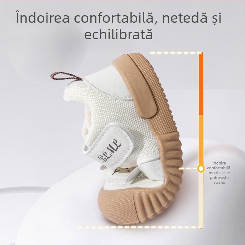 Pantofi de mers pentru bebeluși cu talpă moale, partea superioară din plasă respirantă, închidere Velcro, pentru 12–36 și 24–48 luni