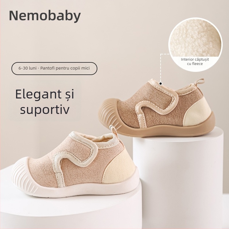 Pantofi pentru copii mici, partea superioară din nailon, talpă antiderapantă moale, căptușeală groasă caldă, închidere Velcro