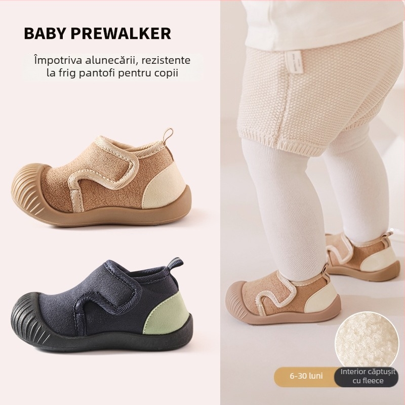 Pantofi pentru copii mici, partea superioară din nailon, talpă antiderapantă moale, căptușeală groasă caldă, închidere Velcro