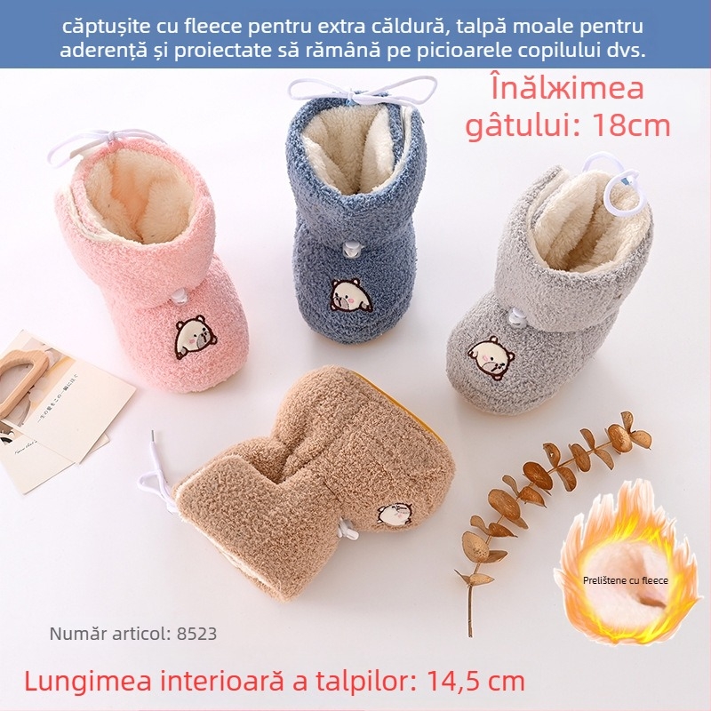 Pantofi pentru bebeluți cu talpă moale din bumbac, partea superioară din bumbac, căptușeală pufoasă, călduroși, impermeabili și anti-derapare, închidere cu Velcro, model cu desene animate, pentru interior, 0–15 luni