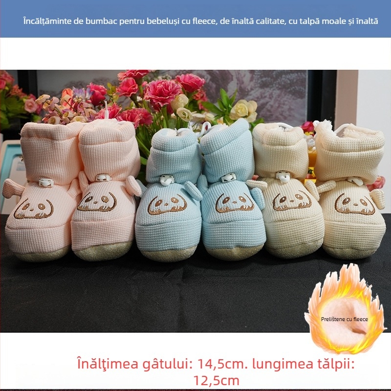 Pantofi pentru bebeluți cu talpă moale din bumbac, partea superioară din bumbac, căptușeală pufoasă, călduroși, impermeabili și anti-derapare, închidere cu Velcro, model cu desene animate, pentru interior, 0–15 luni