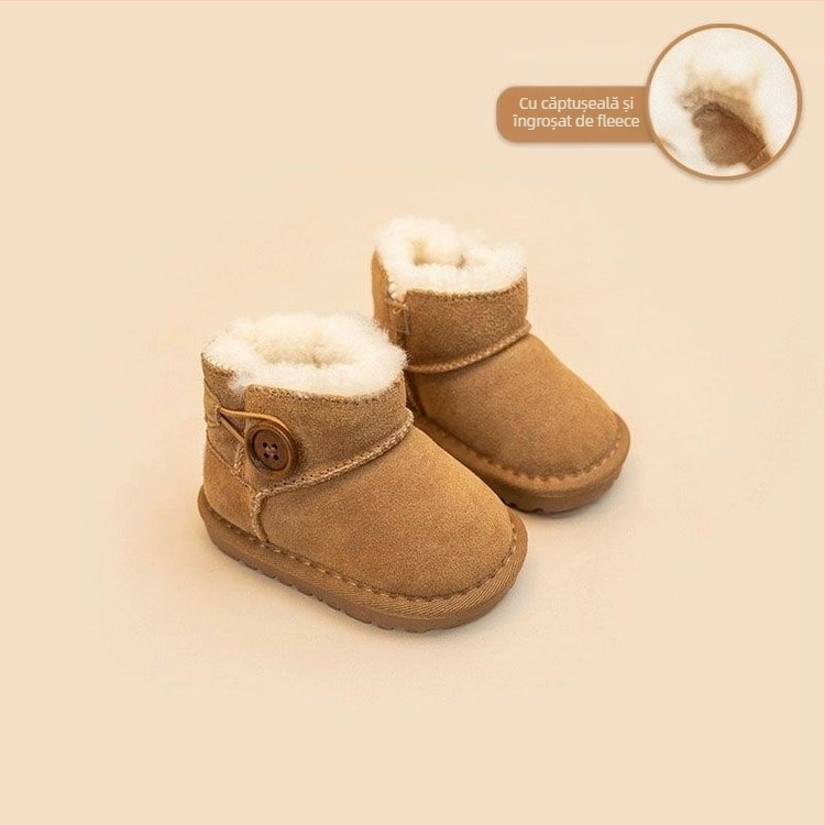 Cizme de zăpadă pentru copii 12–36 luni, căptușite cu fleece pentru căldură, anti-derapare, gleznă joasă, piele sintetică