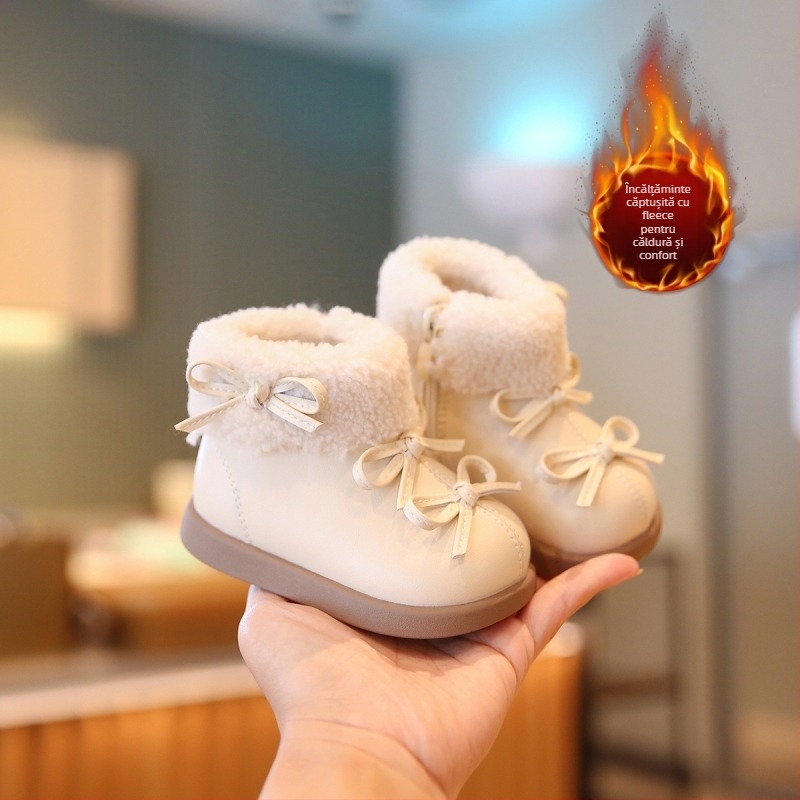 Botosei pentru bebeluți fete din piele de microfibră – stil prințesă, căptușeală de catifea pentru căldură, fermoar lateral, talpă din cauciuc antiderapant, pentru vârsta 6–36 luni