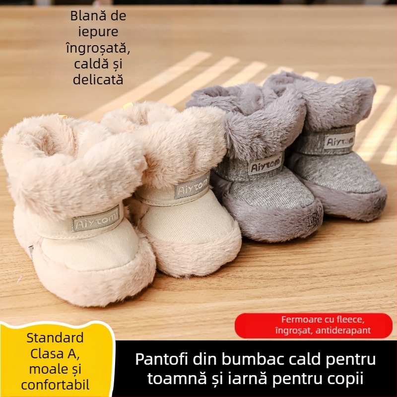 Pantofi de iarnă din bumbac pentru bebeluși, căptuți cu fleece, închidere Velcro, înălțime peste gleznă, talpă din plastic
